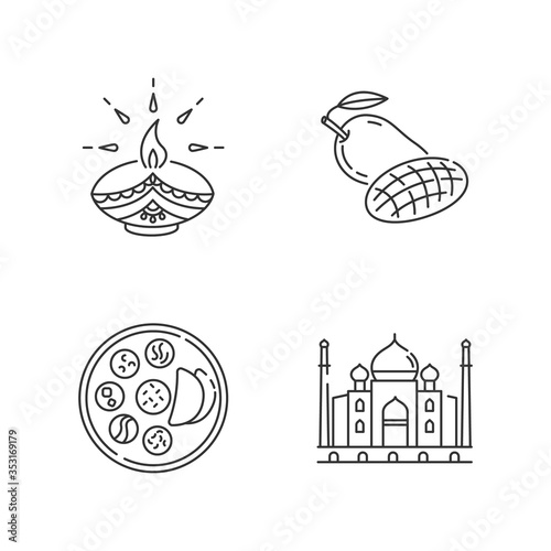 Indian culture pixel perfect linear icons set. Diya lamp. Diwali festival. Mango fruit. Thali. Taj Mahal. Customizable thin line contour symbols. Isolated vector outline illustrations. Editable stroke