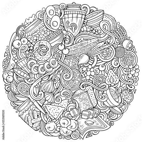 Russian food hand drawn vector doodles illustration. Russia cuisine poster