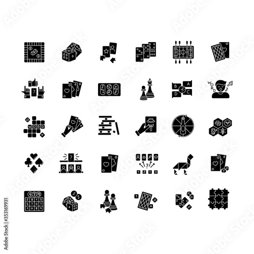 Board games black glyph icons set on white space. Popular recreation activities, entertainment for family and friends silhouette symbols. Different games played on table. Vector isolated illustration
