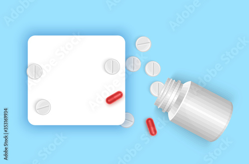 Various Medicine Tablet, Capsule, Pill and frame with place for text. Pharmacy drugs, card with space for text, vector eps 10 format