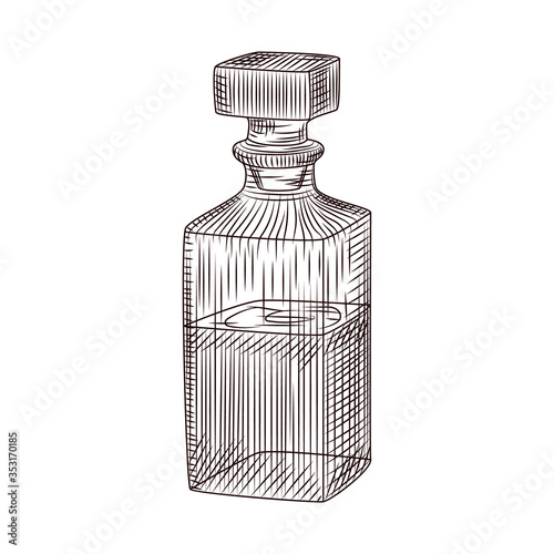 Hand drawn alcohol glass decanter sketch isolated on white background.