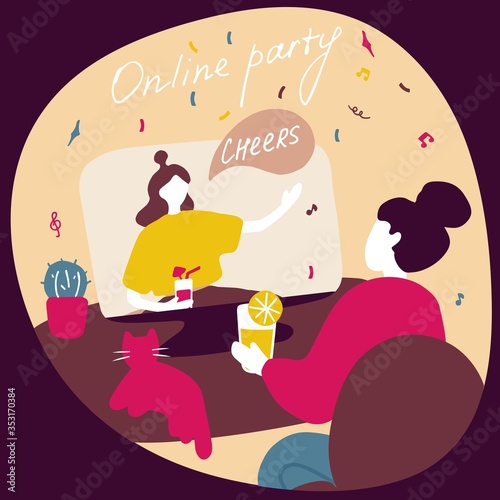Friends from different countries drink cocktails and talk online. Virtual party, video call. Modern lifestyle, online life. Flat doodle vector illustration