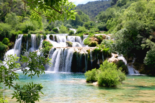 Beautiful waterfalls in National Park Krka  Croatia on a sunny summer day. 