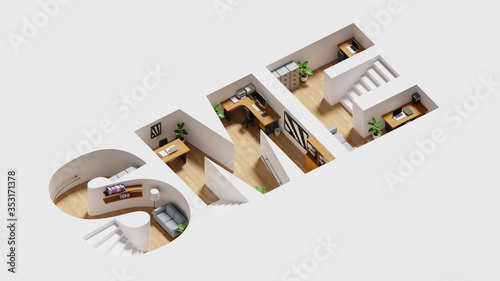 Isometric home office in SME alphabet shape, work from home and small and medium enterprise concept photo