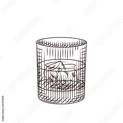 Whiskey glass isolated on white background. Hand drawn alcoholic cocktail with ice in rocks glass