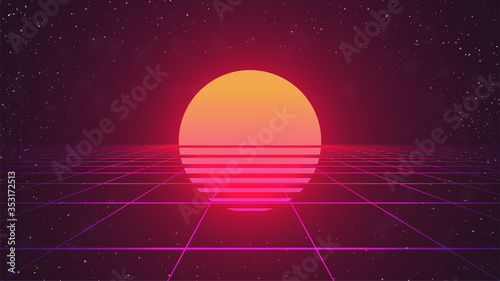 Retro futuristic background with sun. Pink perspective grid. Dark backdrop with stars. 80s computer landscape. Stock vector illustration