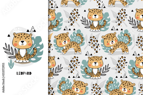 Leopard cute jungle baby animal character. Kids card template and seamless background pattern set. Hand drawn cartoon surface design illustration. 