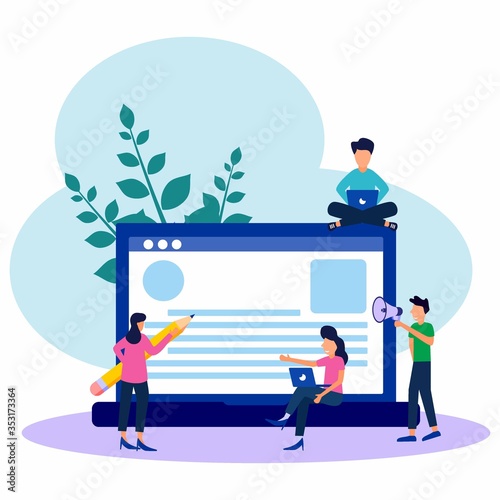 Vector illustration of little people around a laptop. Blogging concepts, education, creative writing, content management for web pages, banners, presentations, social media.