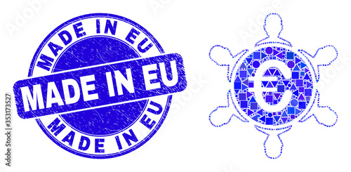 Geometric euro people company mosaic icon and Made in Eu seal. Blue vector round grunge seal with Made in Eu title. Abstract concept of euro people company constructed of round, tringle,