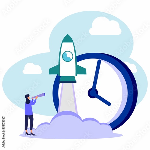 Vector illustration of a rocket taking off with a large clock background. graphic elements are useful investments in investing in a successful business in a short time. Entrepreneurs observe  income.