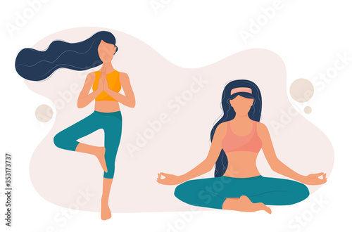 Two pretty girls practices yoga in different positions. Harmony and healthy life. Stock vector illustration