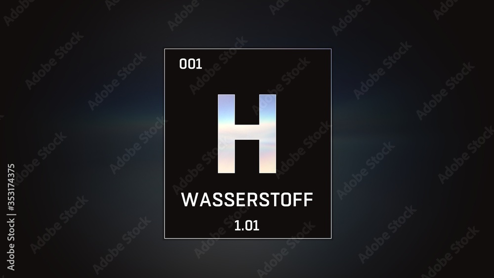3D illustration of Hydrogen as Element 1 of the Periodic Table. Grey illuminated atom design background orbiting electrons name atomic weight and element number in German language 3D illustration of Hydrogen as Element 1 of the Periodic Table. Grey illuminated atom design background orbiting electrons name atomic weight and element number in German language
