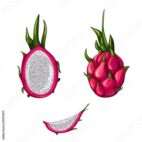 Set of ripe red dragon fruit isolated on white background. Whole, half and slice pitahaya.