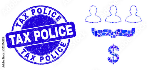 Geometric customer sales funnel mosaic icon and Tax Police seal. Blue vector round grunge seal with Tax Police text. Abstract concept of customer sales funnel made of round, triangles,