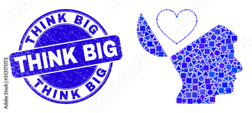 Geometric favourites open mind mosaic pictogram and Think Big stamp. Blue vector round grunge stamp with Think Big phrase. Abstract mosaic of favourites open mind done of spheric, tringle,