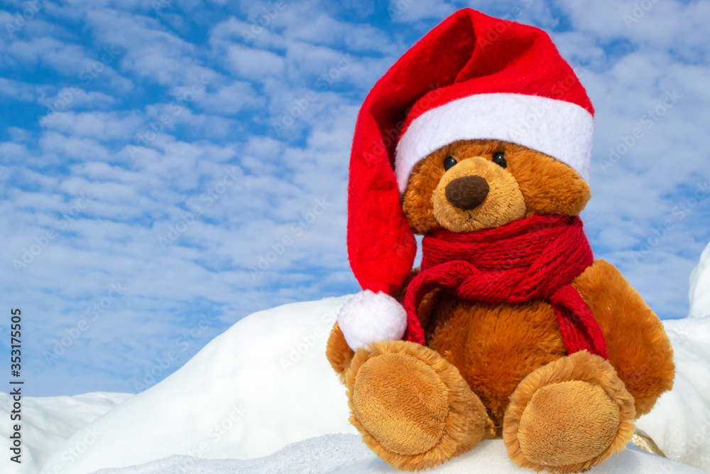 Christmas bear in a Santa Claus hat and a red knitted scarf tied around his neck. A teddy bear is sitting in a snowdrift on a background of blue sky and clouds Christmas bear in a Santa Claus hat and a red knitted scarf tied around his neck. A teddy bear is sitting in a snowdrift on a background of blue sky and clouds