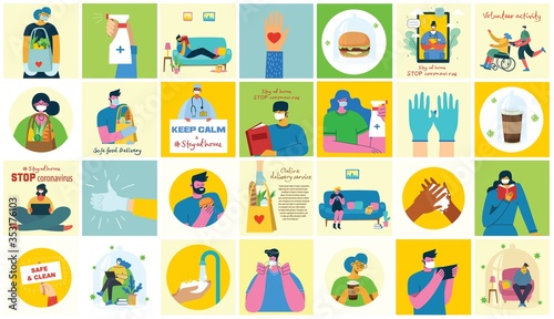 Big set of posters wash hands, hygiene, doctors, hands in gloves, stay home and healthcare. Protect against virus concept design. Modern vector illustrations in flat style.