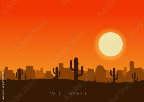 Western desert landscape at sunset vector illustration.