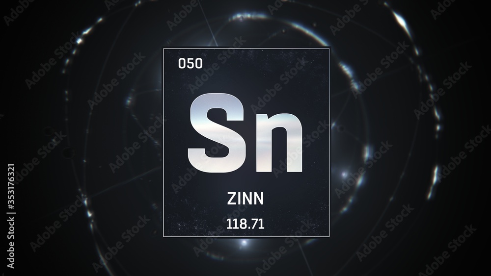 3D illustration of Tin as Element 50 of the Periodic Table. Silver