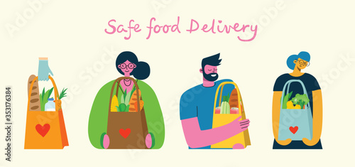 Set of delivery service worker, people deliver food, meal and goods. Safe goods delivery concept vector illustration.