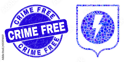 Geometric electric shield mosaic pictogram and Crime Free seal stamp. Blue vector round grunge seal stamp with Crime Free message. Abstract collage of electric shield done of round, tringle,