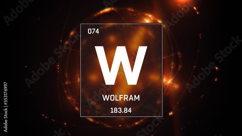 3D illustration of Tungsten as Element 74 of the Periodic Table. Orange illuminated atom design background with orbiting electrons name atomic weight element number in German language photo