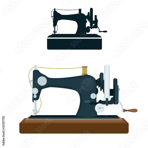 Vintage sewing machine. Old sewing machine vector illustration. Part of set.