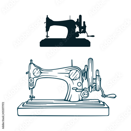Vintage sewing machine. Old sewing machine vector illustration. Part of set.