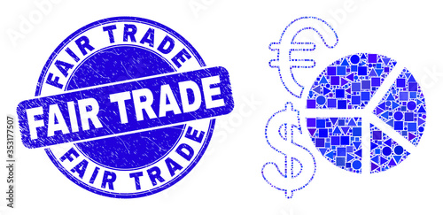 Geometric currency pie chart mosaic pictogram and Fair Trade seal stamp. Blue vector round scratched watermark with Fair Trade caption. Abstract mosaic of currency pie chart constructed of sphere,