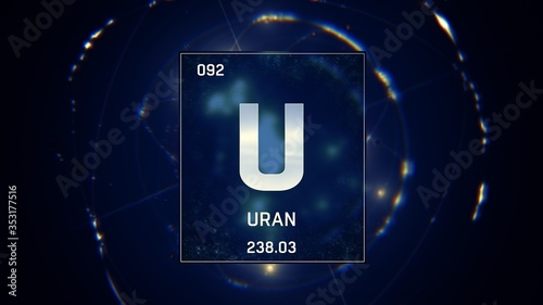 3D illustration of Uranium as Element 92 of the Periodic Table. Blue illuminated atom design background with orbiting electrons name atomic weight element number in German language photo