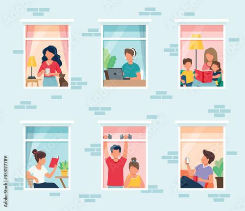 Stay home concept. People looking out windows. Social isolation during epidemic. Cute vector illustration in flat style