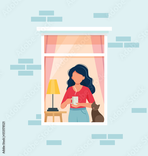 Stay home concept. Woman looking out window. Social isolation during epidemic. Cute vector illustration in flat style