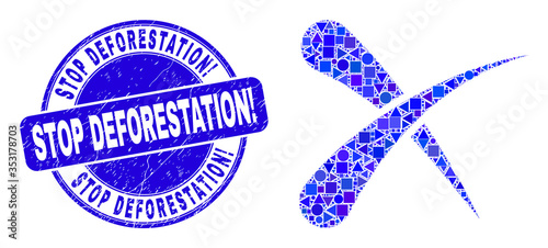 Geometric erase mosaic icon and Stop Deforestation! seal. Blue vector round distress stamp with Stop Deforestation! text. Abstract mosaic of erase composed of round, triangles, square geometric spots.