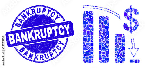 Geometric bankruptcy bar chart mosaic icon and Bankruptcy seal stamp. Blue vector rounded distress seal stamp with Bankruptcy phrase. Abstract mosaic of bankruptcy bar chart created of circle,