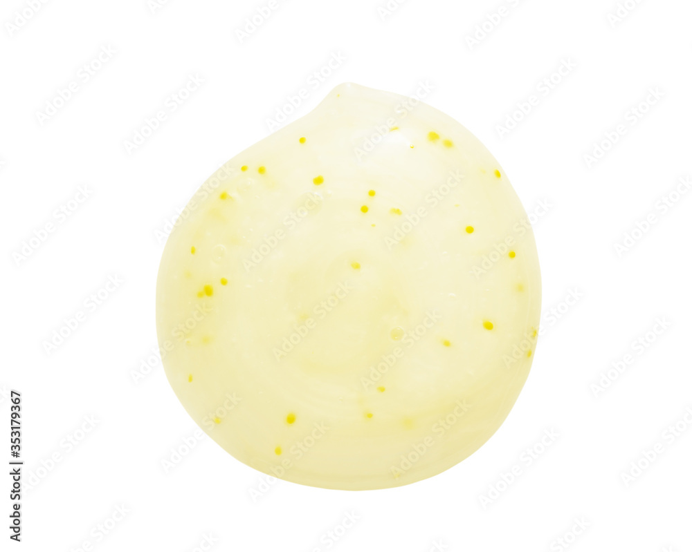 Scrub cleanser gel drop swatch isolated on white background. Yellow color skincare cleansing product with exfoliating particles blob closeup