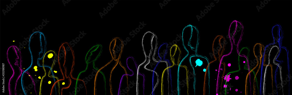 connect the people concept, crowd of vivid colored people, crowd creative contemporary idea, - obrazy, fototapety, plakaty 