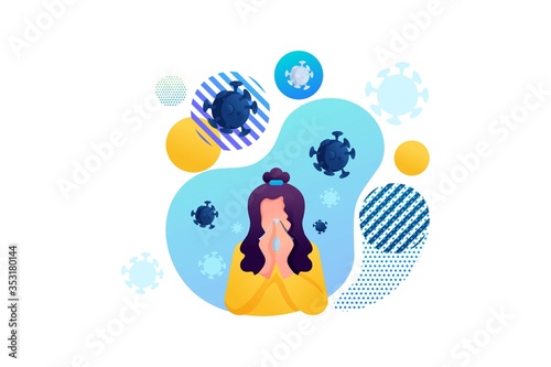 Stop the virus. The girl suffers from a runny nose, cold, flu. Bacteria are flying around. Flat 2D character. Concept for web design