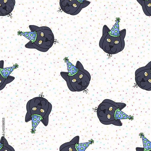 Cute cartoon British shorthair cat with party hat seamless vector pattern. Pedigree kitty breed domestic kitty celebration background. Cat lover English purebred all over print. Feline EPS 10. 