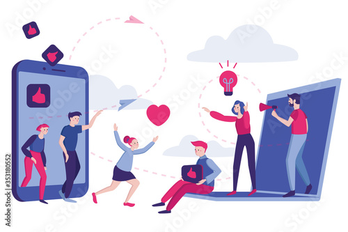 Vector flat illustration. Social Networks and Public Relations, Affairs, Communication, Live dates. New customers word of mouth engagement method. People leaving comments and likes.
