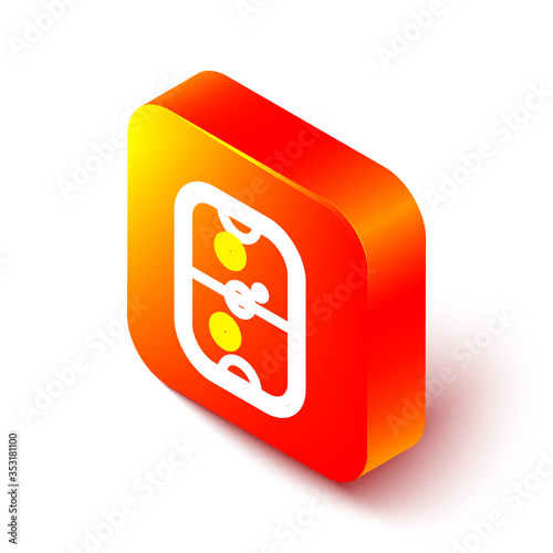 Isometric line Air hockey table icon isolated on white background. Orange square button. Vector Illustration.