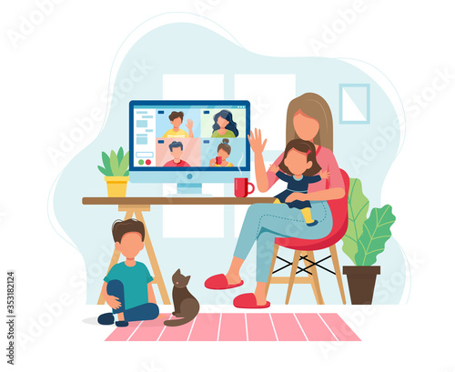 Stay home concept. Woman with kids calling friends via video conference in cozy modern interior. Vector illustration in flat style