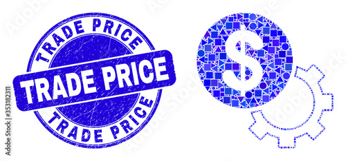 Geometric financial options gear mosaic icon and Trade Price seal stamp. Blue vector round distress seal stamp with Trade Price text. Abstract mosaic of financial options gear constructed of spheric,