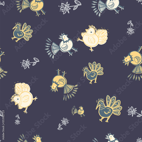 Folklore chicken farm seamless pattern