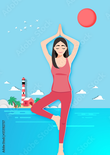 Cartoon character with 21 june international yoga day with female practicing yoga flat icon design vector illustration