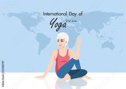 Cartoon character with 21 june international yoga day with female practicing yoga flat icon design vector illustration