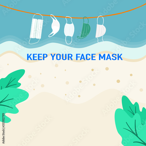 After lockdown People go out to travel
The beach with their face mask and after use discarded on the beach.Picture show shouldn’t discarded mask on the beach.vector illustration 