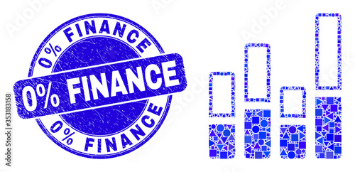 Geometric bar chart mosaic icon and 0% Finance stamp. Blue vector round grunge seal stamp with 0% Finance text. Abstract mosaic of bar chart combined of circle, triangles, square geometric spots.