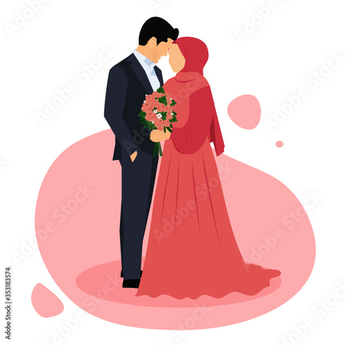 Vector illustration of a Muslim couples marriage, with a Man wearing gray suit and Woman holding a flower in her hand wearing a pink dress