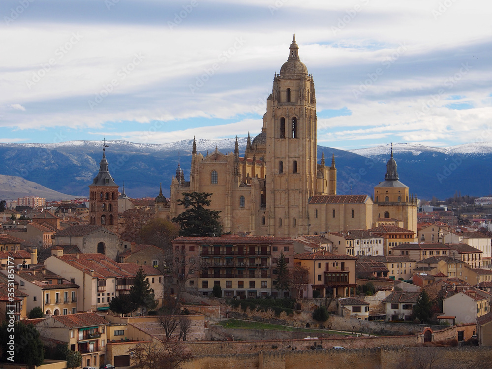 Panoramic view of historic city Segovia with Catedral de Santa Maria (Segovia Cathedral, Spain)