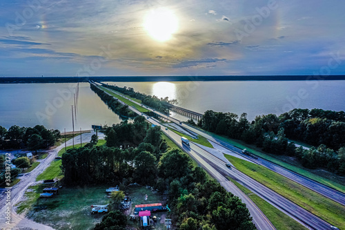 Aerial Drone Photo of I-95 Interstate Bridge And Lake Marion In South Carolina
